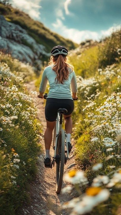 Kvinna cyklar lugnt på en smal stig genom blommande natur